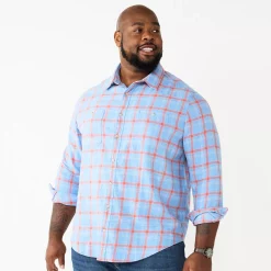 Big & Tall Sonoma Goods For Life® Regular-Fit Flannel Button-Down Shirt -Clearance Sales Store 5044680 Blue Heather Plaid