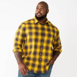 Big & Tall Sonoma Goods For Life® Regular-Fit Flannel Button-Down Shirt -Clearance Sales Store 5044680 Gold Black Plaid