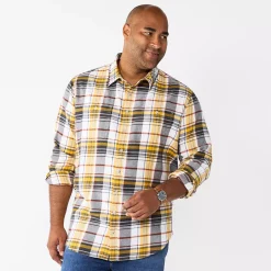 Big & Tall Sonoma Goods For Life® Regular-Fit Flannel Button-Down Shirt -Clearance Sales Store 5044680 Gray Yellow Plaid