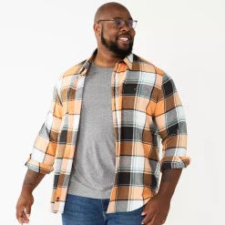 Big & Tall Sonoma Goods For Life® Regular-Fit Flannel Button-Down Shirt -Clearance Sales Store 5044680 Orange Black Plaid