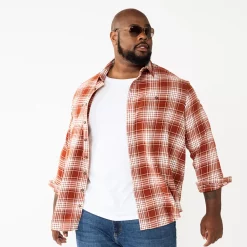 Big & Tall Sonoma Goods For Life® Regular-Fit Flannel Button-Down Shirt -Clearance Sales Store 5044680 Rust Plaid