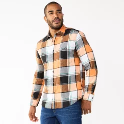 Men's Sonoma Goods For Life® Flannel Button-Down Shirt -Clearance Sales Store 5624605 Orange Black Plaid