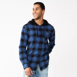 Men's Sonoma Goods For Life® Hooded Flannel Button-Down Shirt -Clearance Sales Store 5640627 Blue Buff Check