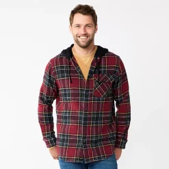 Men's Sonoma Goods For Life® Hooded Flannel Button-Down Shirt -Clearance Sales Store 5640627 Burgundy Plaid